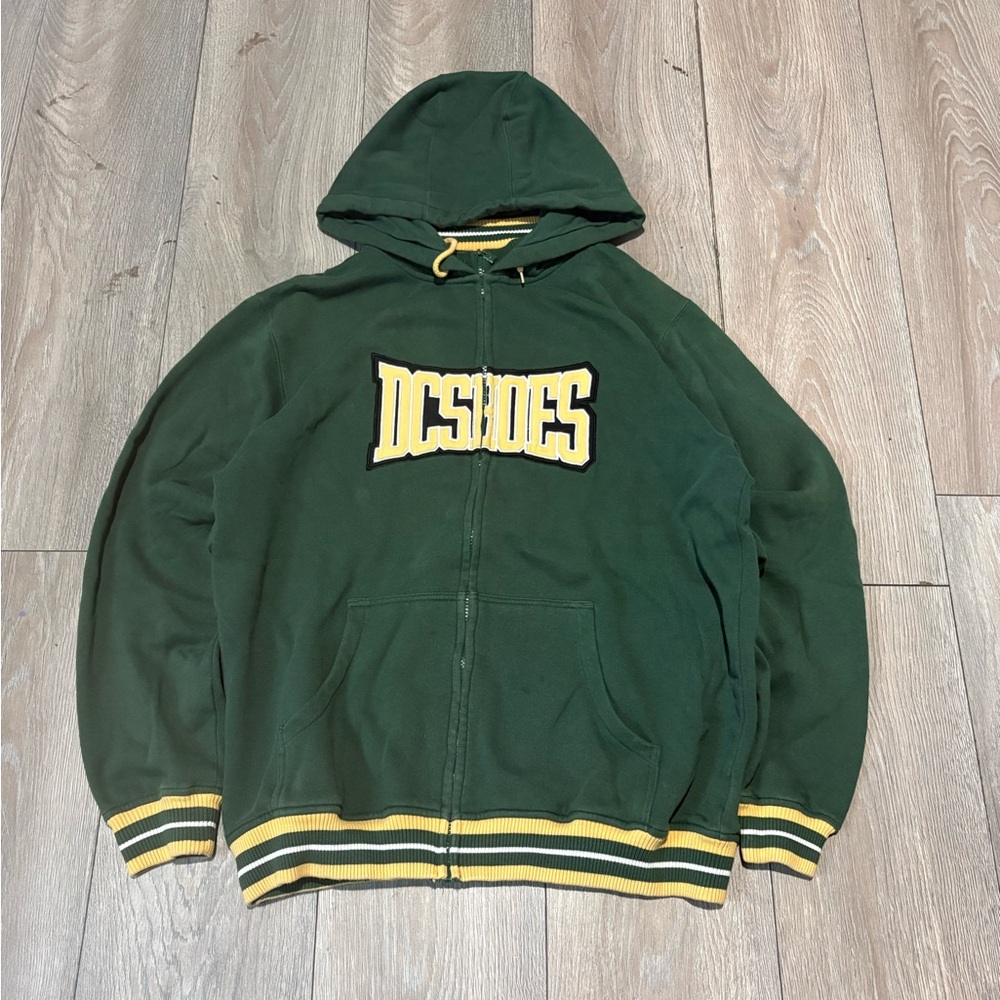 Vintage Baggy Y2K Skater DC Shoes Green Zip Up Sweater Size XL Center Logo
